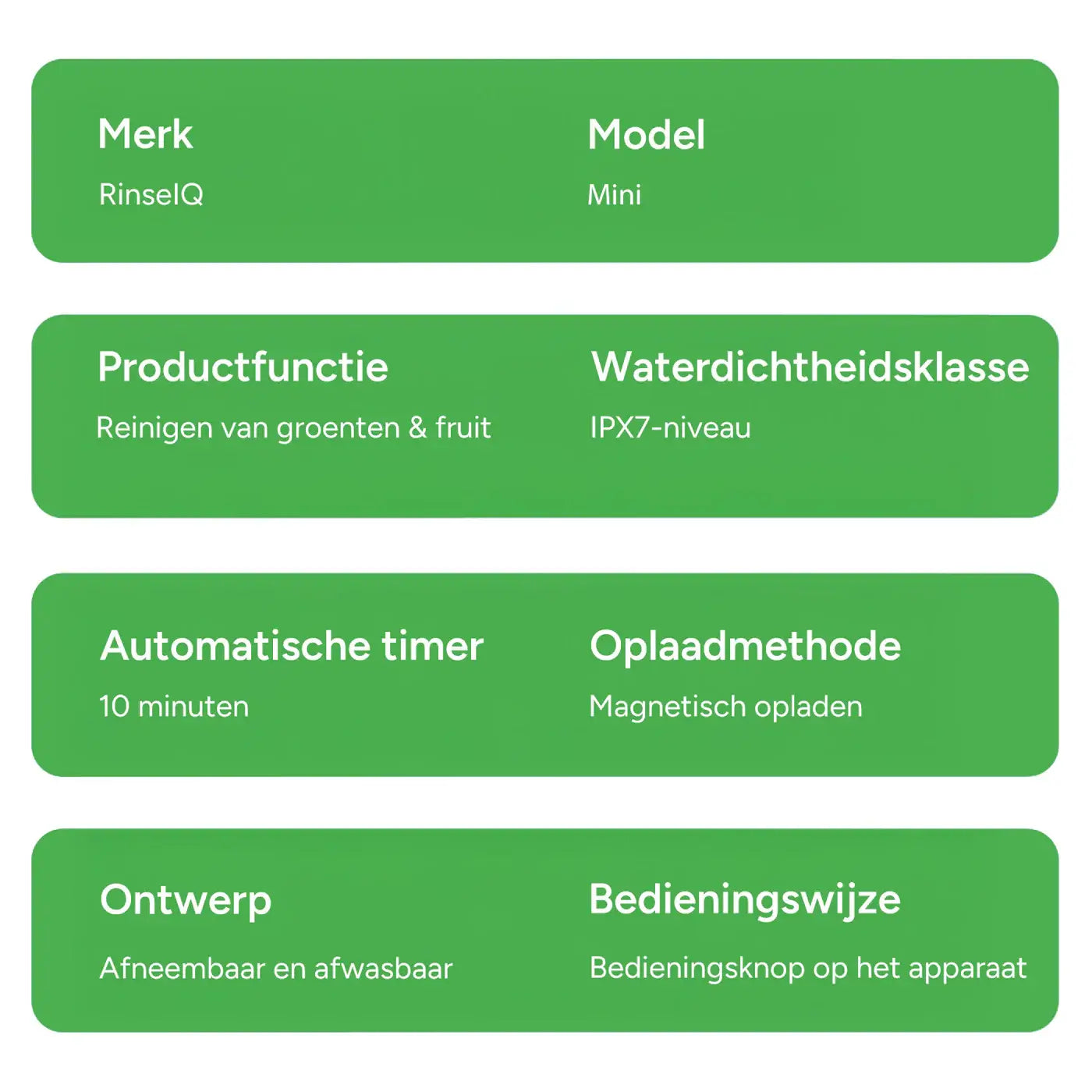 Overzicht van de RinseIQ Mini specificaties zoals IPX7 waterdichtheid, magnetisch opladen en 10 minuten timer