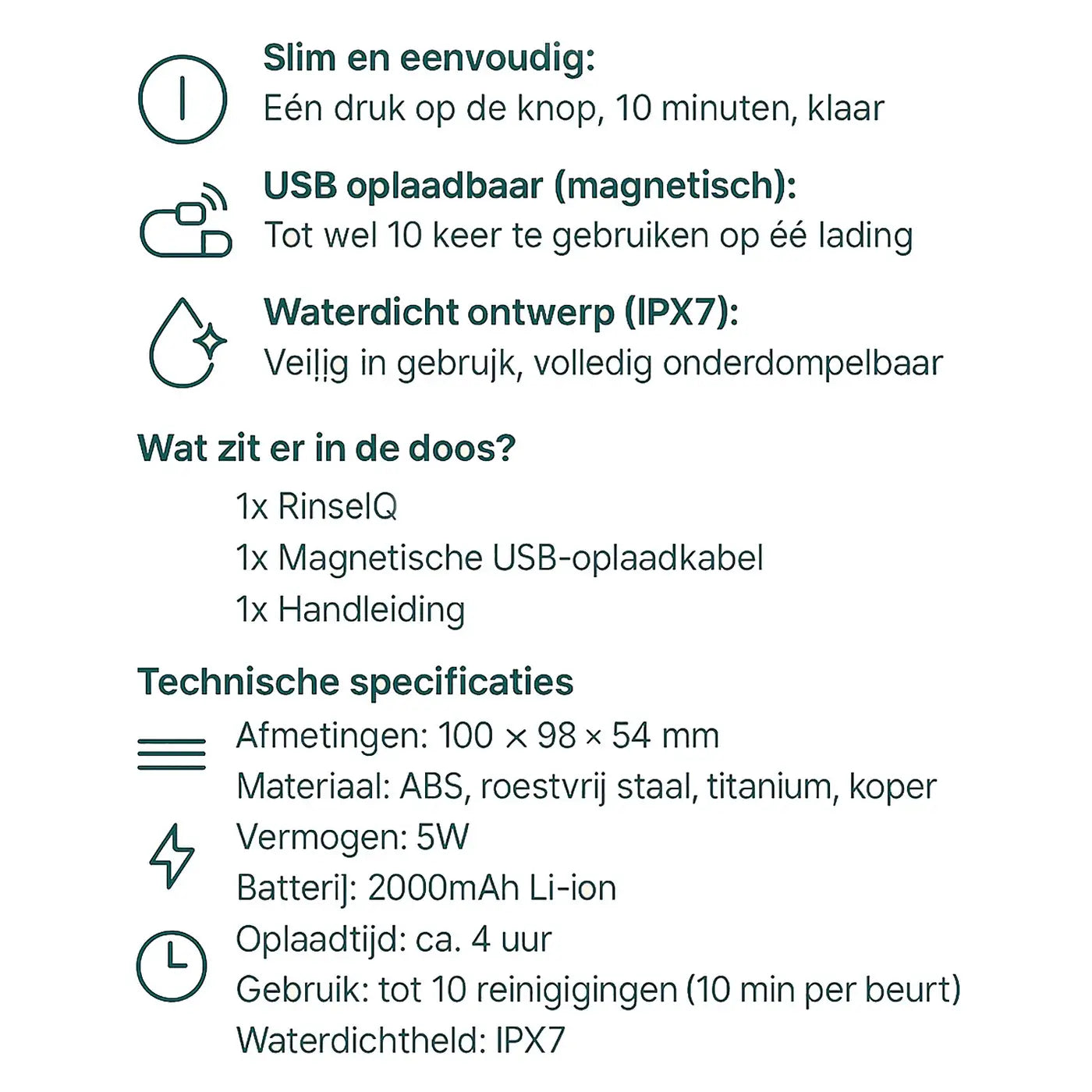 Technische specificaties van de RinseIQ groente- en fruitreiniger met waterdichte behuizing en magnetisch opladen